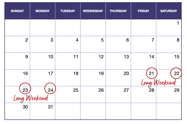 calendar showing planning a long weekend