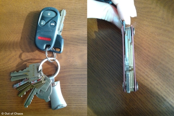 Left side shows Linda's key large clunky key ring. The right side shows the same keys in a neat thin keysmart tool