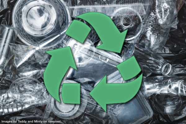 green recycling symbol overlaid on home items that are actually recyclable