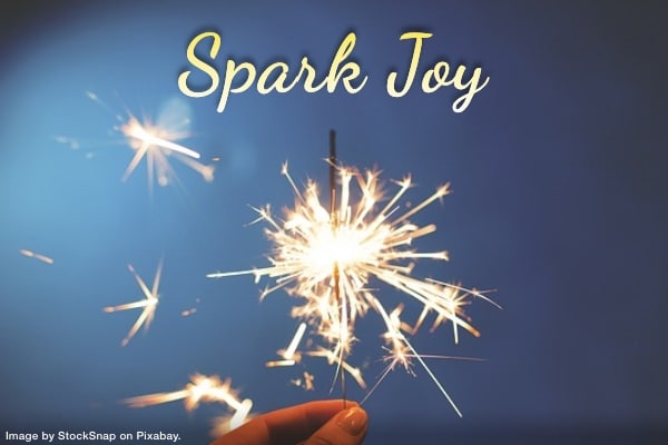A hand holding a sparkler firework with the words Spark Joy written above to represent the konmari vs nonmari debate