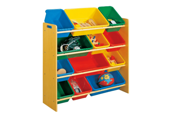 rack of coloured toy bins for to keep children organized