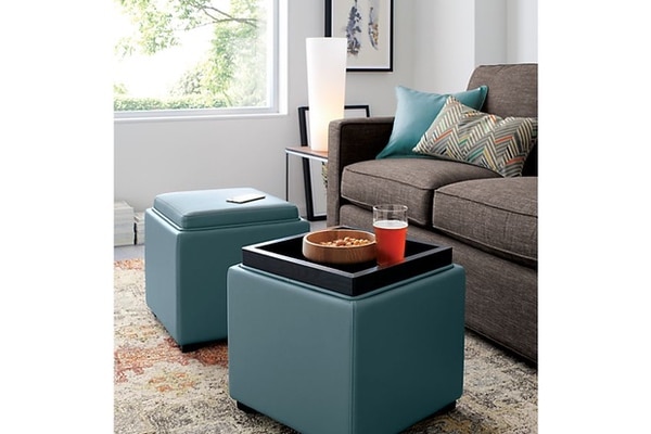 ocean blue leather storage ottomans with tray top from Crate & Barrel
