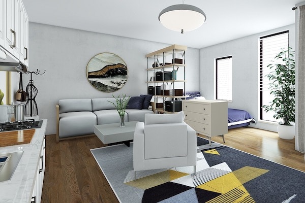 multi-functional furniture in living area of small apartment