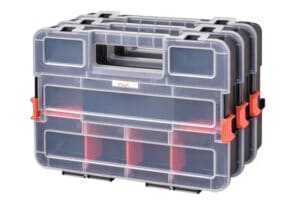 3 large containers with adjustable compartments for organizing odds and ends