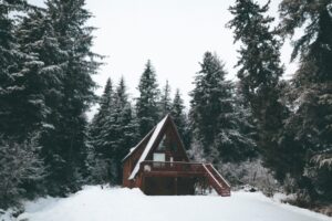 small a-frame cabin in the snowy woods representing organizing the cottage