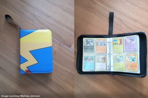 left side shows multi-coloured binder zippered closed. Right side shows open binder to organize pokemon cards