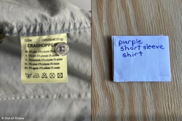 an extra button on a clothing tag beside the image of the button in a labelled paper envelope.