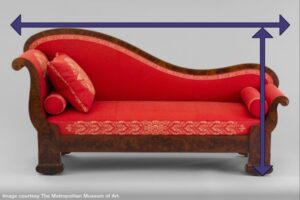 red antique sofa with arrows overlaid to show how to measure furniture to make moving easier