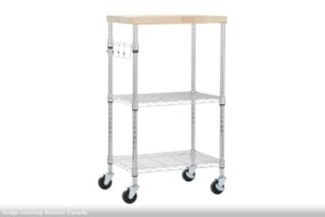 stainless steel 3-shelf rolling cart with solid wood top