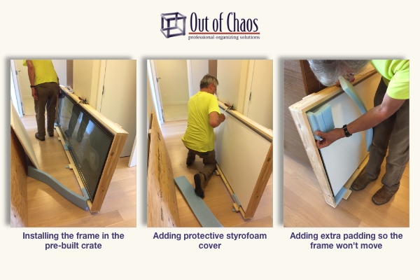 series of images showing a worker custom crating oversized framed piece of art with captions: 1-installing the frame in the crate. 2-adding protective Styrofoam cover. 3-adding extra padding around the edges so the frame won't move.