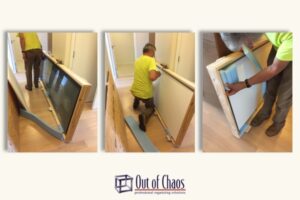 series of images showing a worker custom crating oversized framed piece of art
