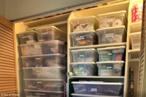 Out of Chaos project using the versatile plastic shoe box to organize and store items in a client's closet