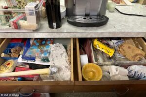 two messy disorganized drawers in a kitchen representing junk drawer syndrome