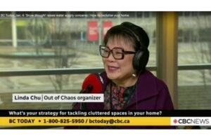 Linda Chu in the CBC studio on BC Today discussing decluttering for 2024